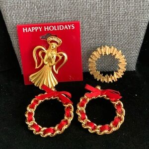 ♥️ Sale 3for$15! Christmas Pins & Earrings 1 angel 1 wreath 1 pair earrings GT